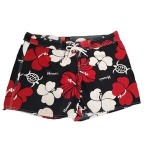 Shay Bouvier Women's Hawaiian Board Shorts Red & White Turtles Floral pattern 13